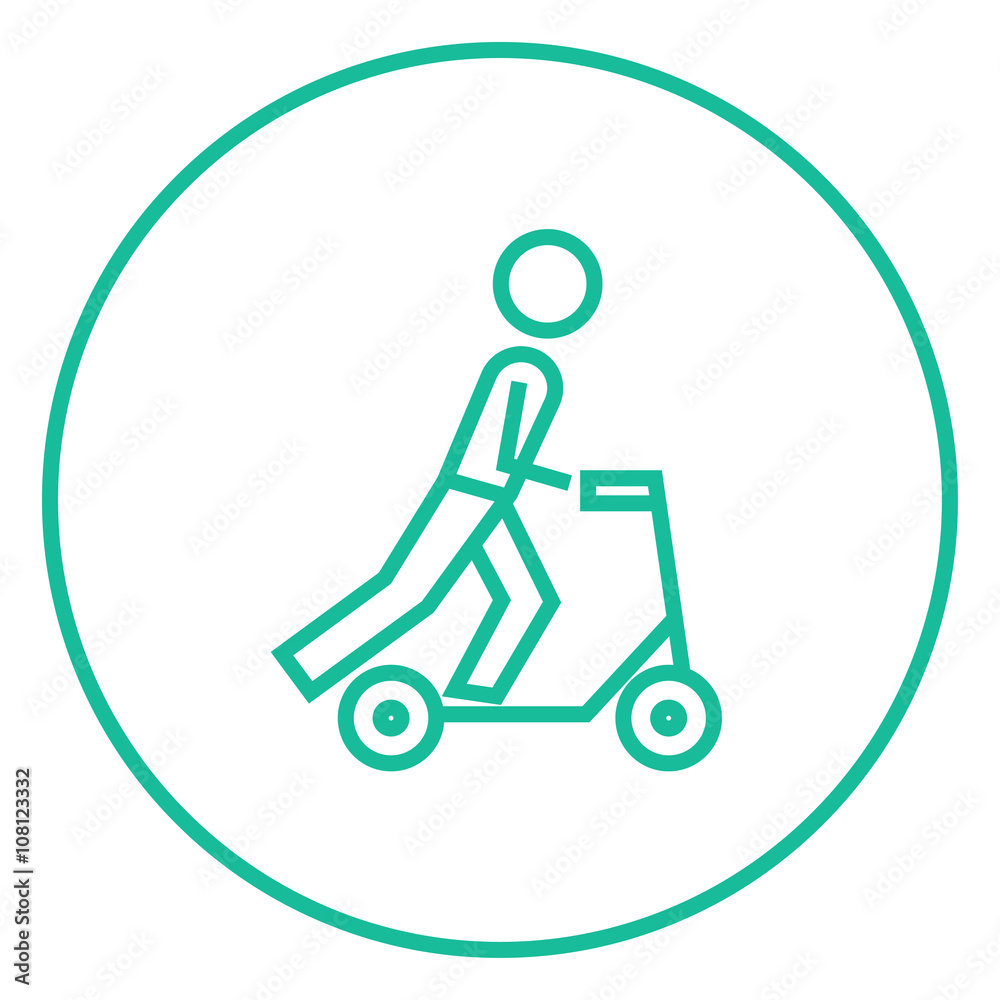 Man riding kick scooter line icon.