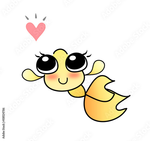 Cute Smiling Goldfish Cartoon Character Looking at a Floating Pink Heart Isolated on White Background Illustration