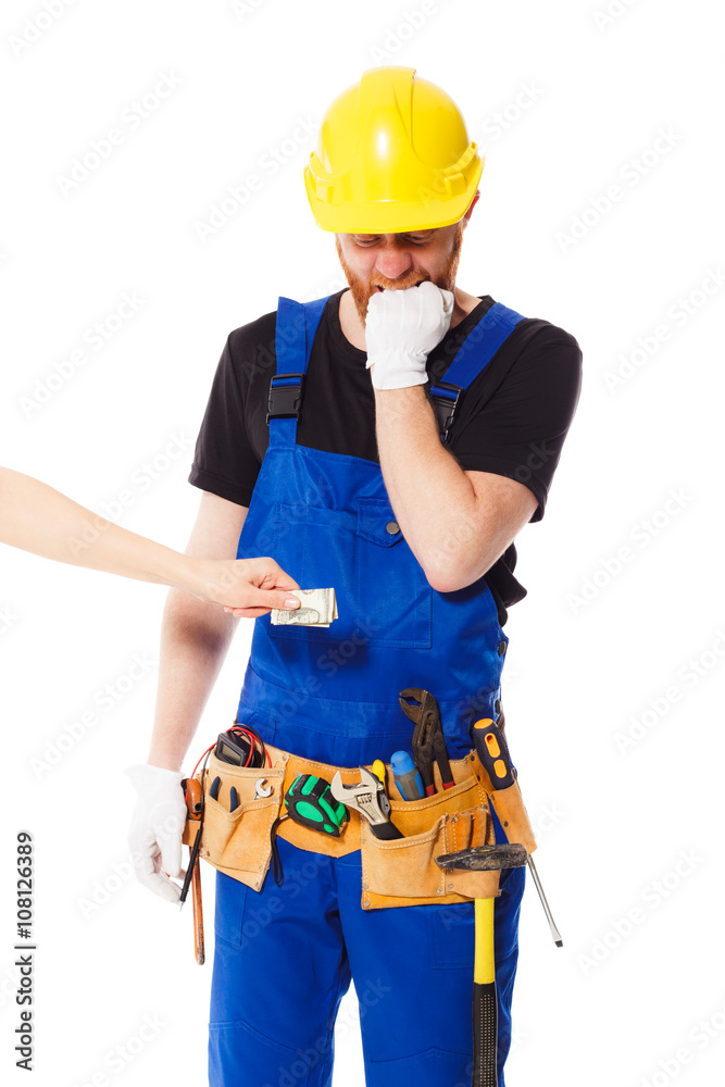 Man builder with set of construction tools, isolated