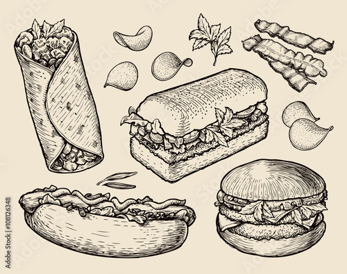 fast food. hand drawn cheeseburger, burritos, ham, bacon, sandwich, hot dog, crisp, burger. sketch vector illustration