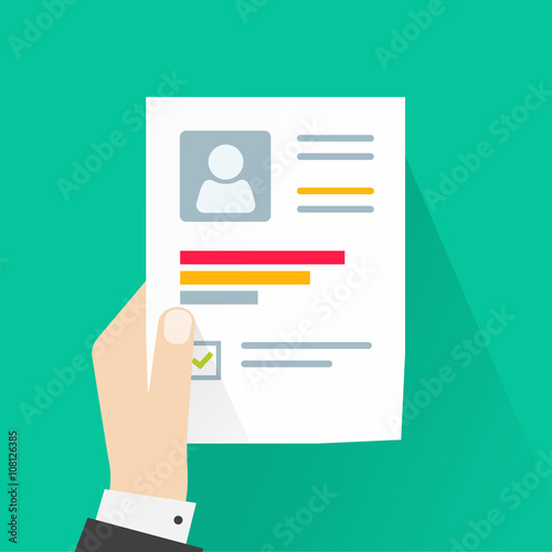 CV application paper sheet, business man hand holding resume document, concept of job interview, personal data skills graph, training results flat modern vector design isolated on green background