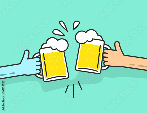 Two abstract hands holding beer glasses, beer glasses foam clinking, friends toasting, concept of cheering people party celebration in pub, flat outline art line design vector illustration isolated