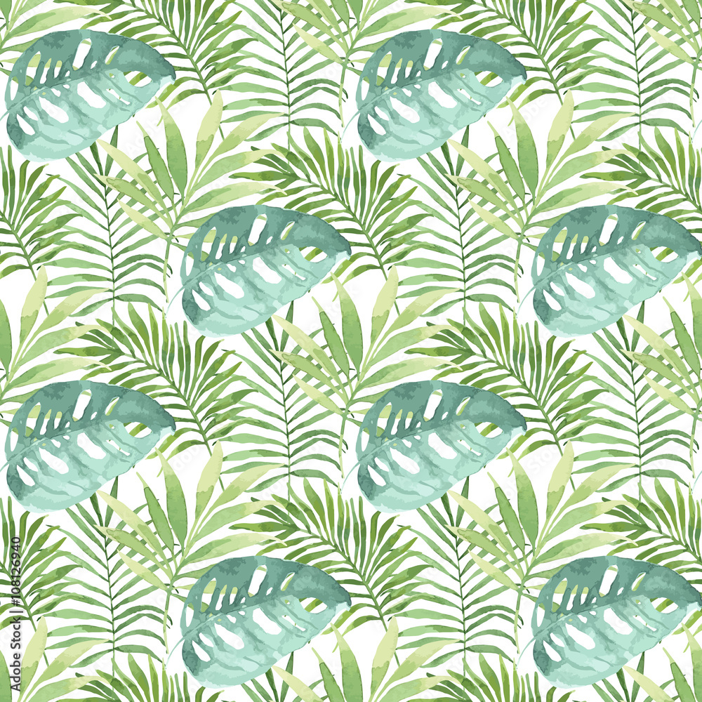 Tropical seamless pattern with leaves. Watercolor background with tropical leaves.