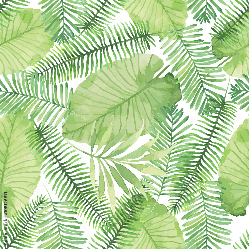 Tropical seamless pattern with leaves. Watercolor background with tropical leaves.