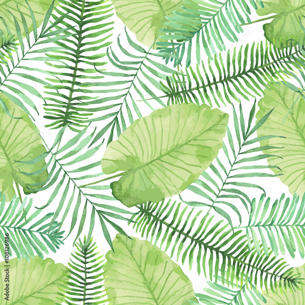 Tropical seamless pattern with leaves. Watercolor background wit