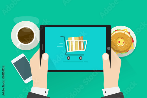 Two hands holding tablet computer device vector illustration, breakfast top view concept, abstract table with fast food, coffee cup, mobile phone, burger, flat cartoon design isolated on green