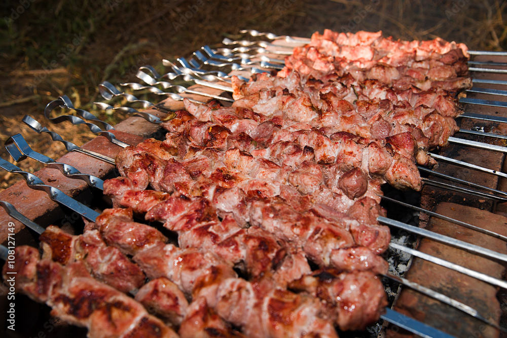 Meat is fried on charcoal on a picnic