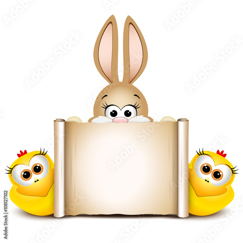 Postcard design template. Easter bunny with two funny chicken