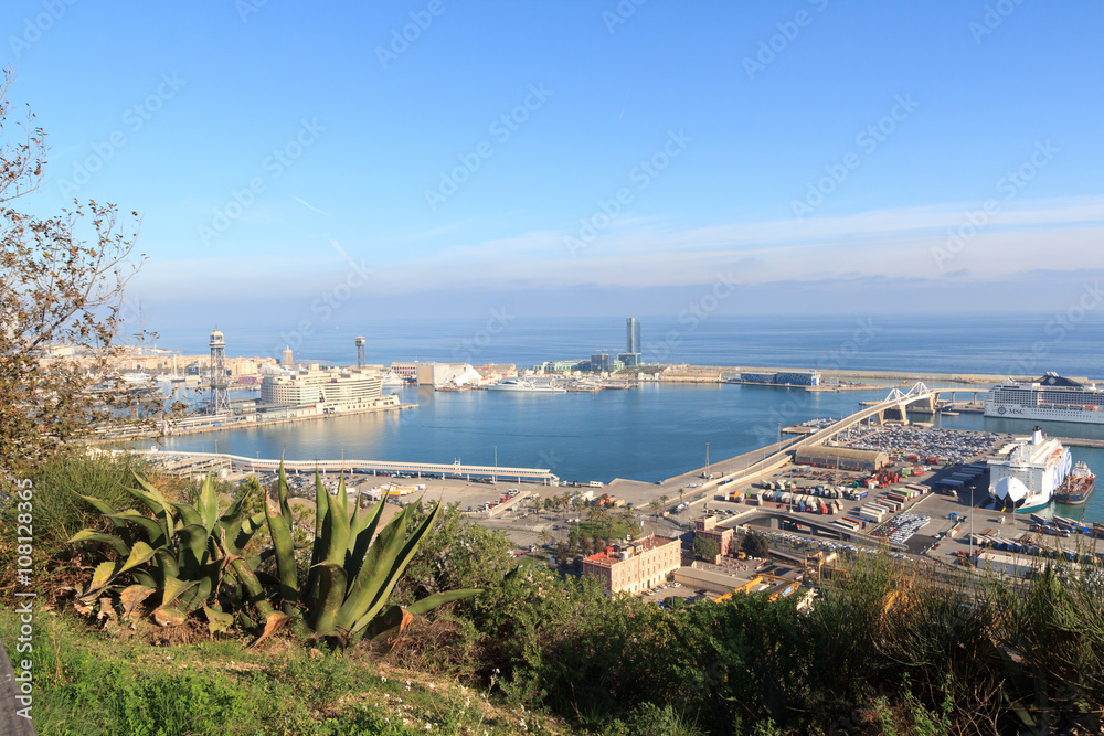 View towards Port of Barcelona from Montjuic, Spain