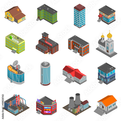City Buildings Isometric Icons Set 