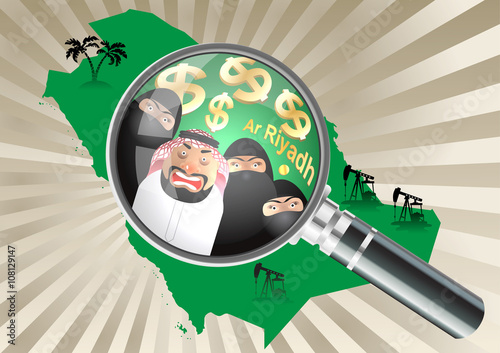 Magnifying glass over a Saudi Arabia map. Arab and his three wives in Niqab. Palm trees and oil rigs on color of Saudi Arabia. Concept of stereotypes about Saudi Arabia. 