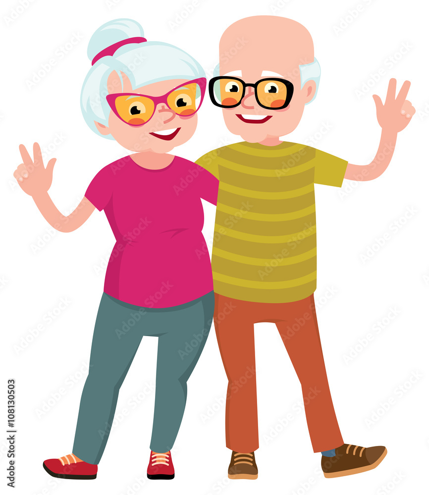 Happy seniors couple husband and wife standing in an embrace