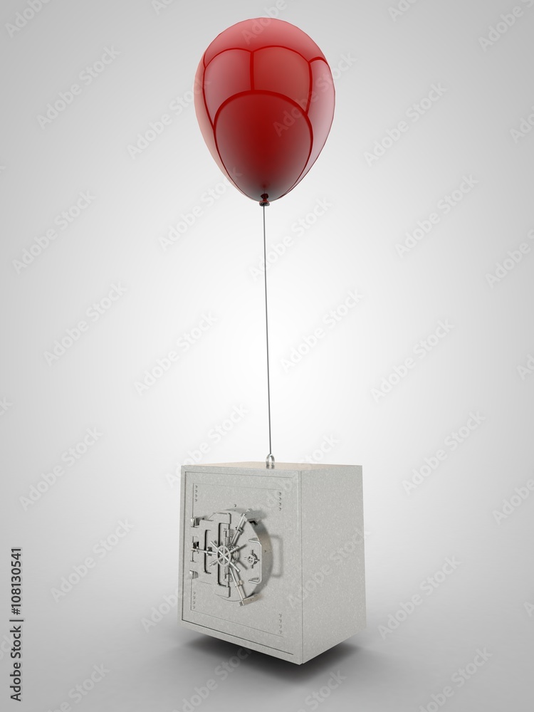3D illustration of ballon lifting a metal safe concept 3D illustration of ballon lifting a metal safe concept