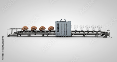 3D concept illustration of factory production line with brains being converted into lightbulbs