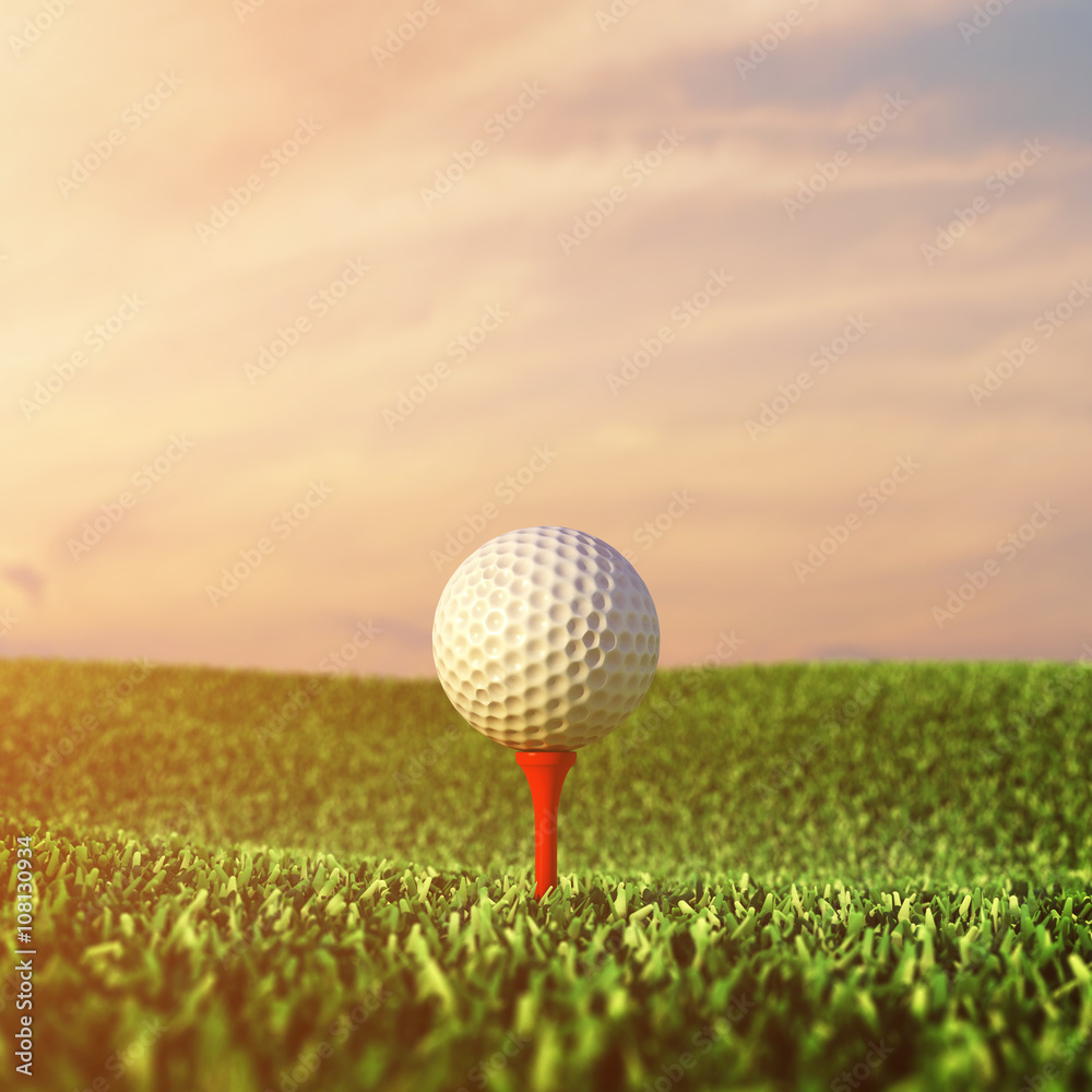 Golf ball on grass , Golf tournament , Golf course at dawn Golf ball on grass , Golf tournament , Golf course at dawn