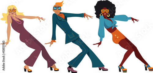 Three people dressed in 1970s fashion dancing a novelty dance, EPS 8 vector illustration, no transparences