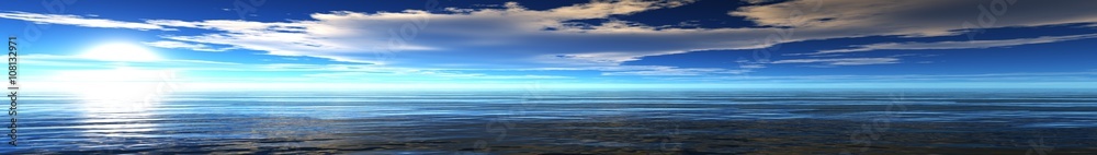 panoramic sunset sea landscape, ocean sunrise, the light in the sky over the sea, the sun over the water,