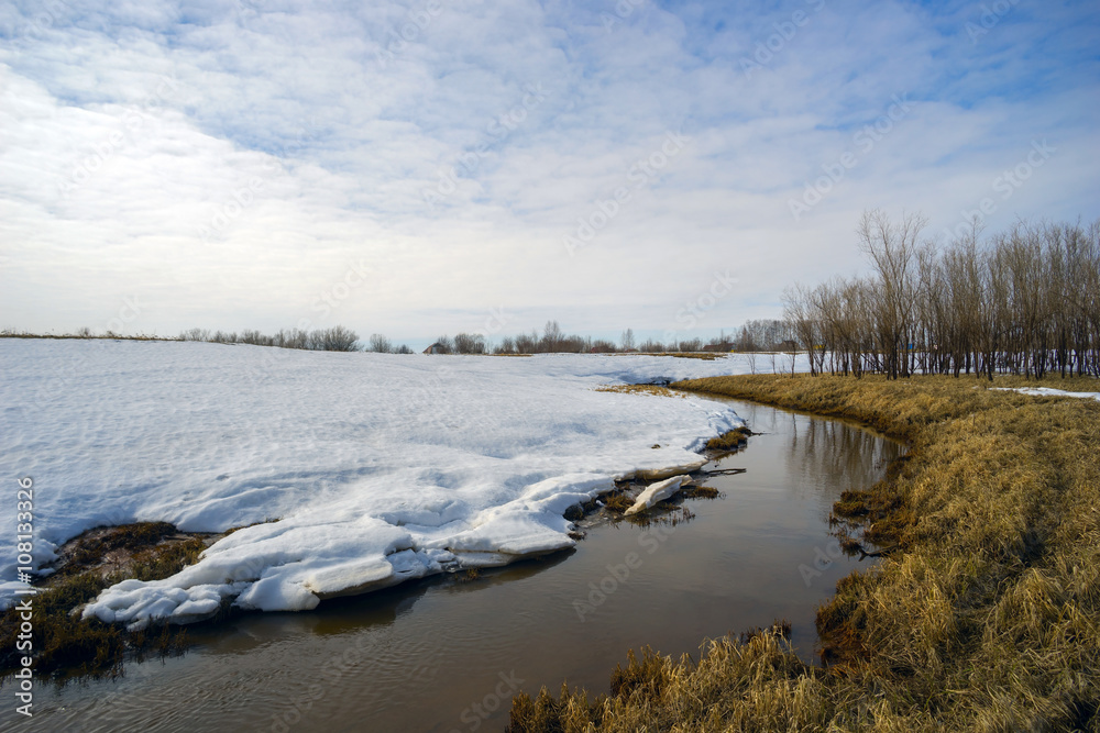 Spring landscape with a brook behind snow mound . Spring landscape with a brook behind snow mound .