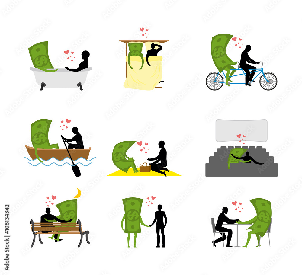 Fototapeta premium Love and Money set. Man and dollar in movie theater. Lovers in b