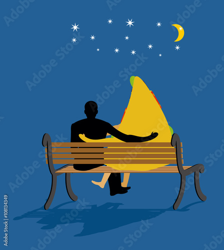 Pizza looked at stars. Date night. Man and piece of pizza sit on