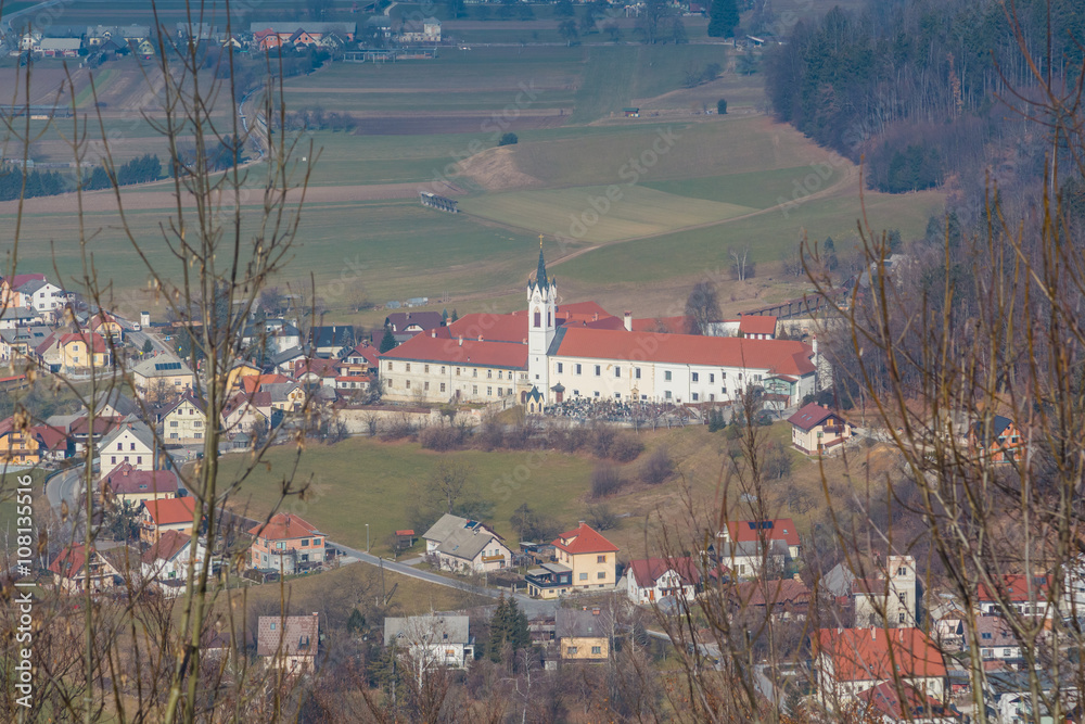 Kamnik, Slovenia - January 25, 2016. Ursuline convent in Mekinje village near Kamnik town, hill view.