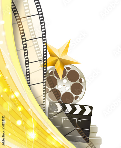cinema background with retro filmstrip, clapper and star