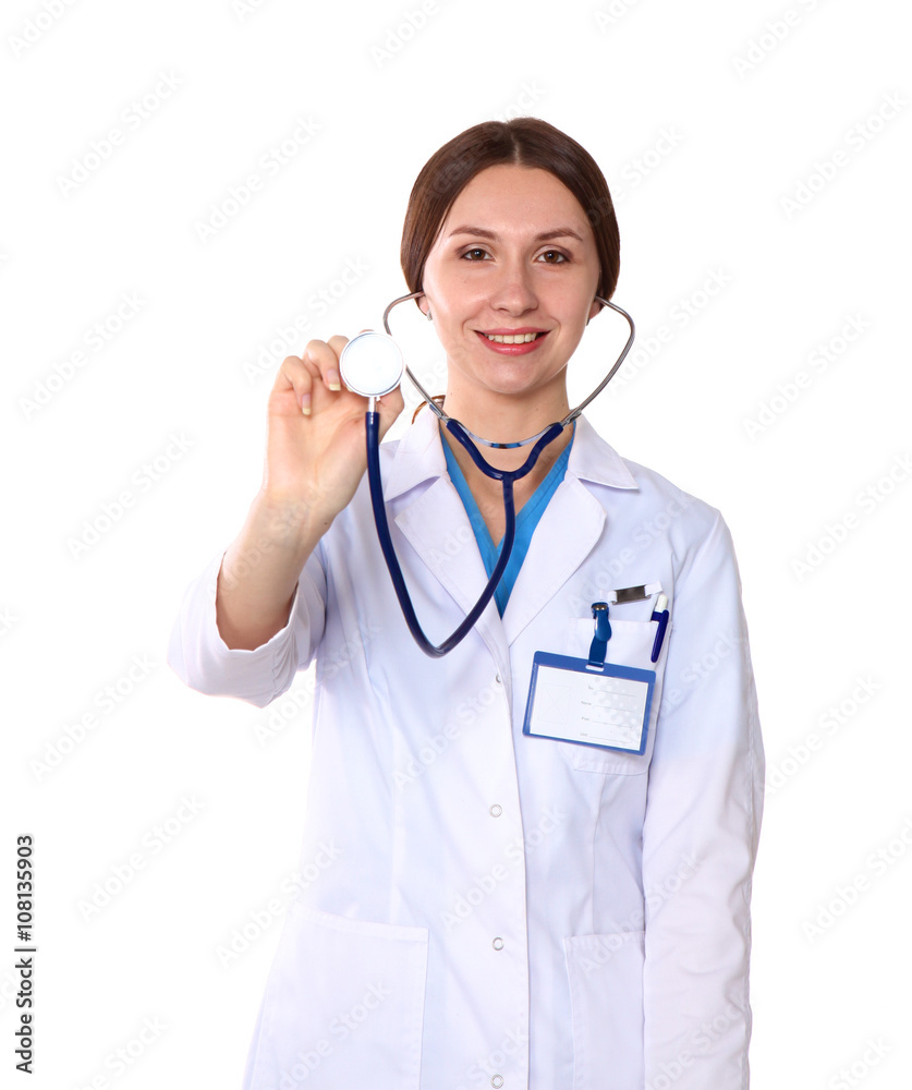 Happy smiling young beautiful female doctor showing blank area for sign or copyspace, isolated over white background Happy smiling young beautiful female doctor showing blank area for sign or copyspace, isolated over white background