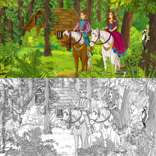 Fototapeta Naklejka Na Ścianę i Meble -  Cartoon girl and boy riding on a white horse - princess or queen - with additional coloring page - illustration for children