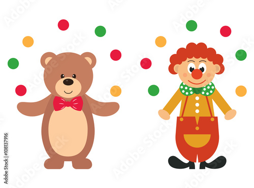 cartoon teddy and clown with balls