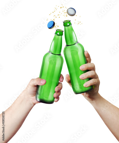 Clink glasses. Two hands holding a bottles. Template for the ability to use any brand label on a white background