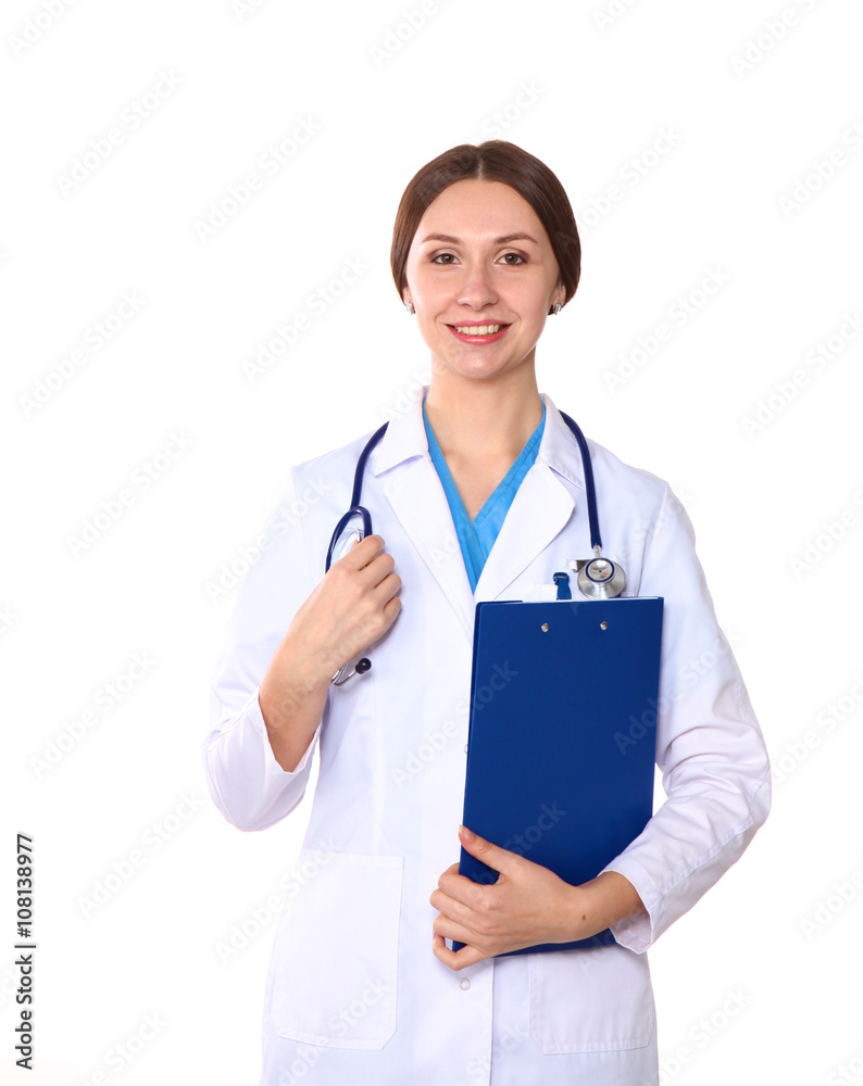 Happy smiling young beautiful female doctor showing blank area for sign or copyspace, isolated over white background Happy smiling young beautiful female doctor showing blank area for sign or copyspace, isolated over white background