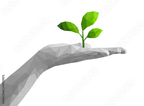 polygonal monochrome palm open hand holds green plant
