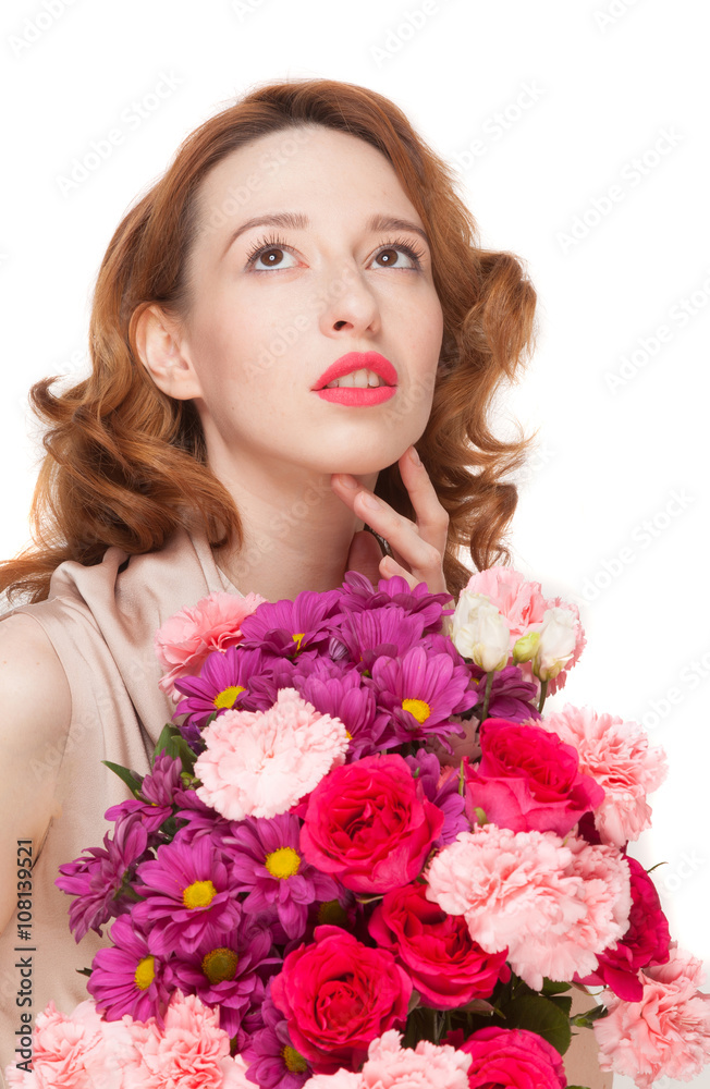 Beautiful woman with flowers on a white background.