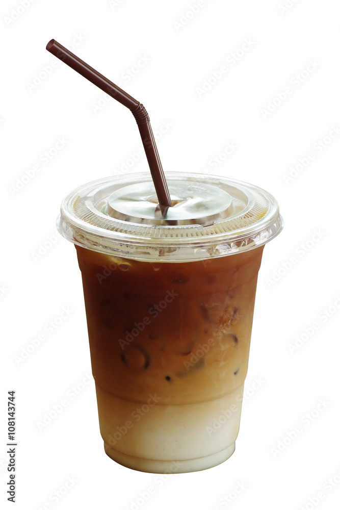 Iced cold coffee latte in plastic cup isolated on white background,  clipping path included. Stock Photo