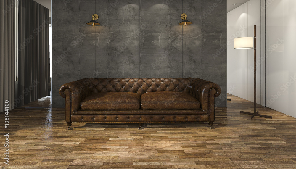 3d rendering great leather sofa with parquet floor - obrazy, fototapety, plakaty 