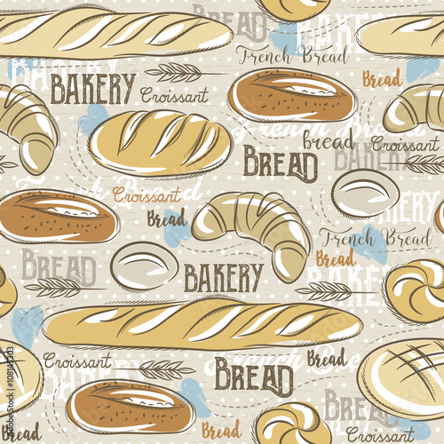 Background with different breads, croissant,  wheat  and text.