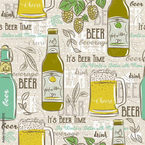 Beige seamless patterns with set of beer bottle, mug, hop and te