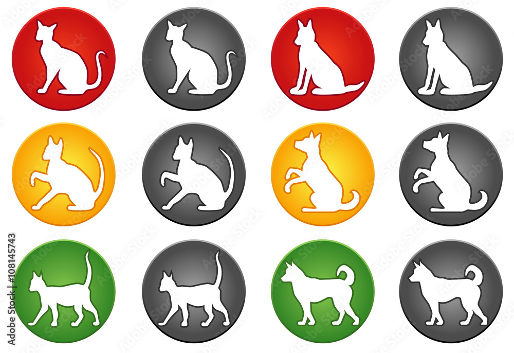 Round buttons with a silhouette of a cat and dog in various poses. Red, yellow, green and gray colors on a white background Round buttons with a silhouette of a cat and dog in various poses. Red, yellow, green and gray colors on a white background