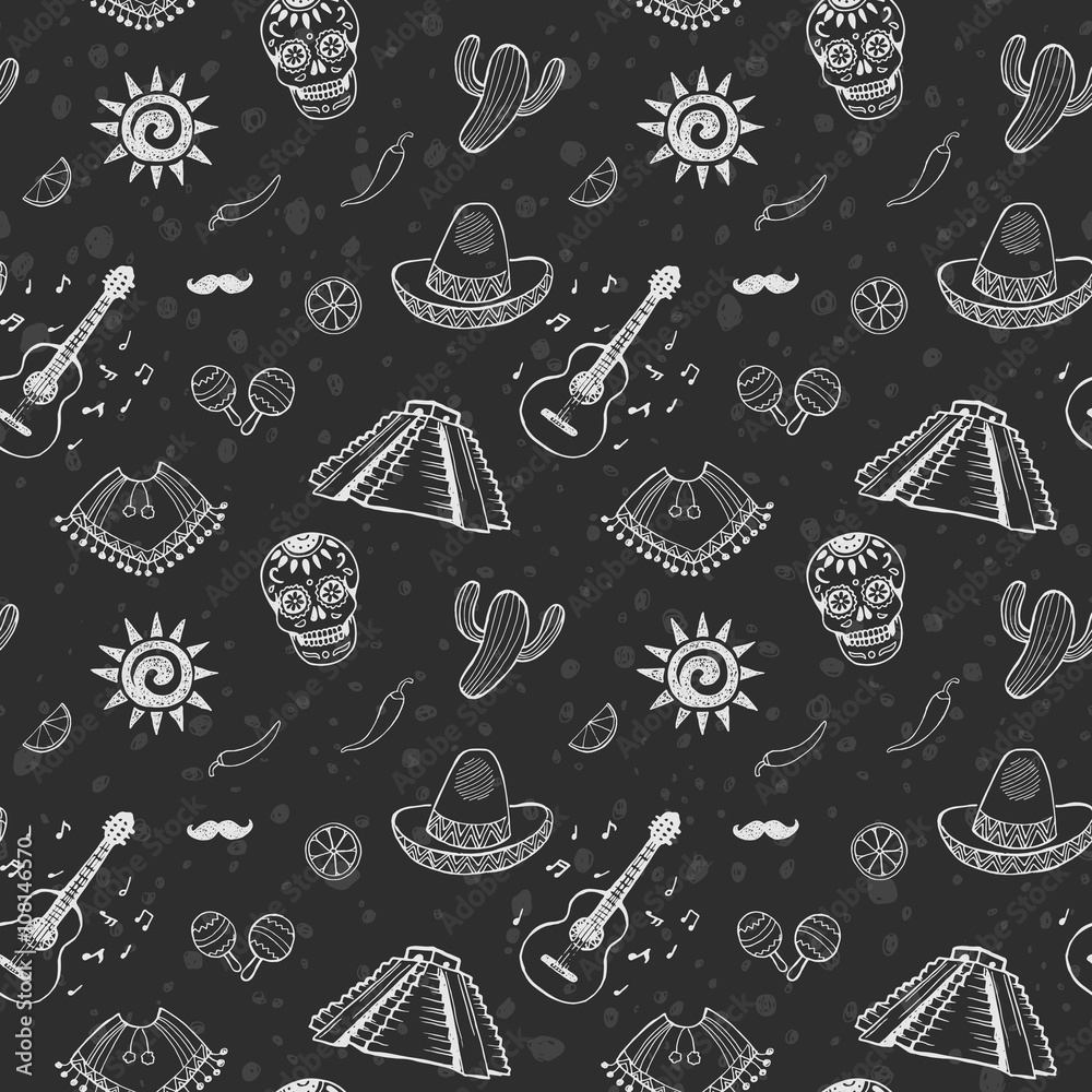 Mexican sketch set. Seamless pattern. Doodle chalk drawing background