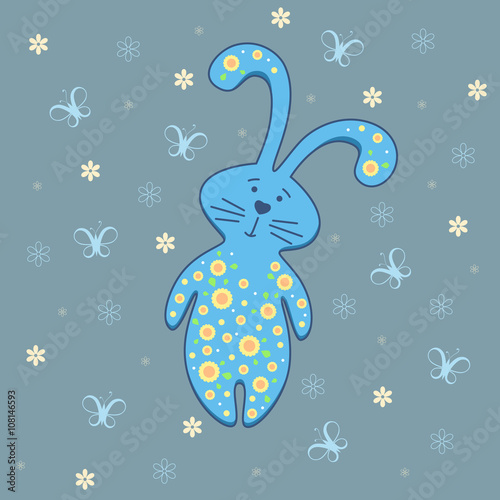 Vector illustration of blue hare on background with butterflies and flowers