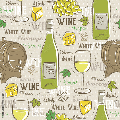 Beige seamless patterns with white wine set, cask, glass, grapes