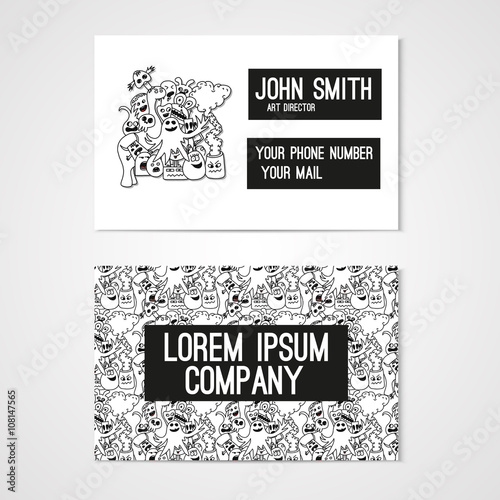 Business card template whit funny doodle monstes. Corporate identity. photo