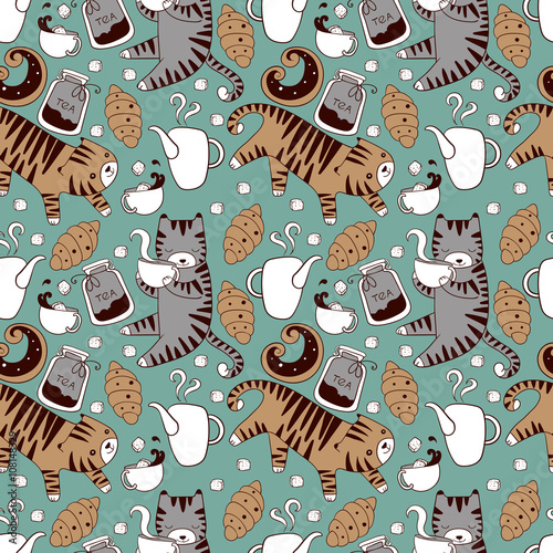 Cats with teapots cups and baking seamless vector background tex