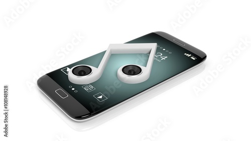 3D rendering of smartphone with musical note with speakers, isolated on white background.