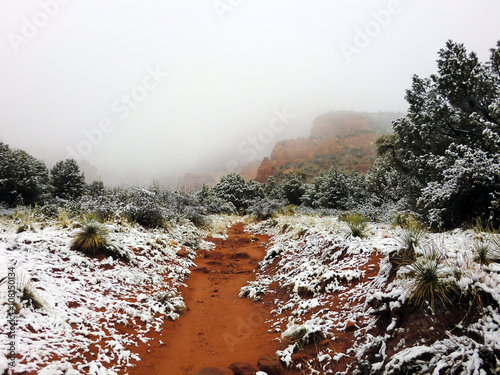 Foggy Sedona, Arizona trail with snow and red clay dirt - landscape color photo