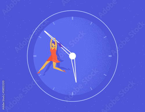Woman hangs on the big arrow of the life watch. Flat concept illustration of women trying to stop time and not become old