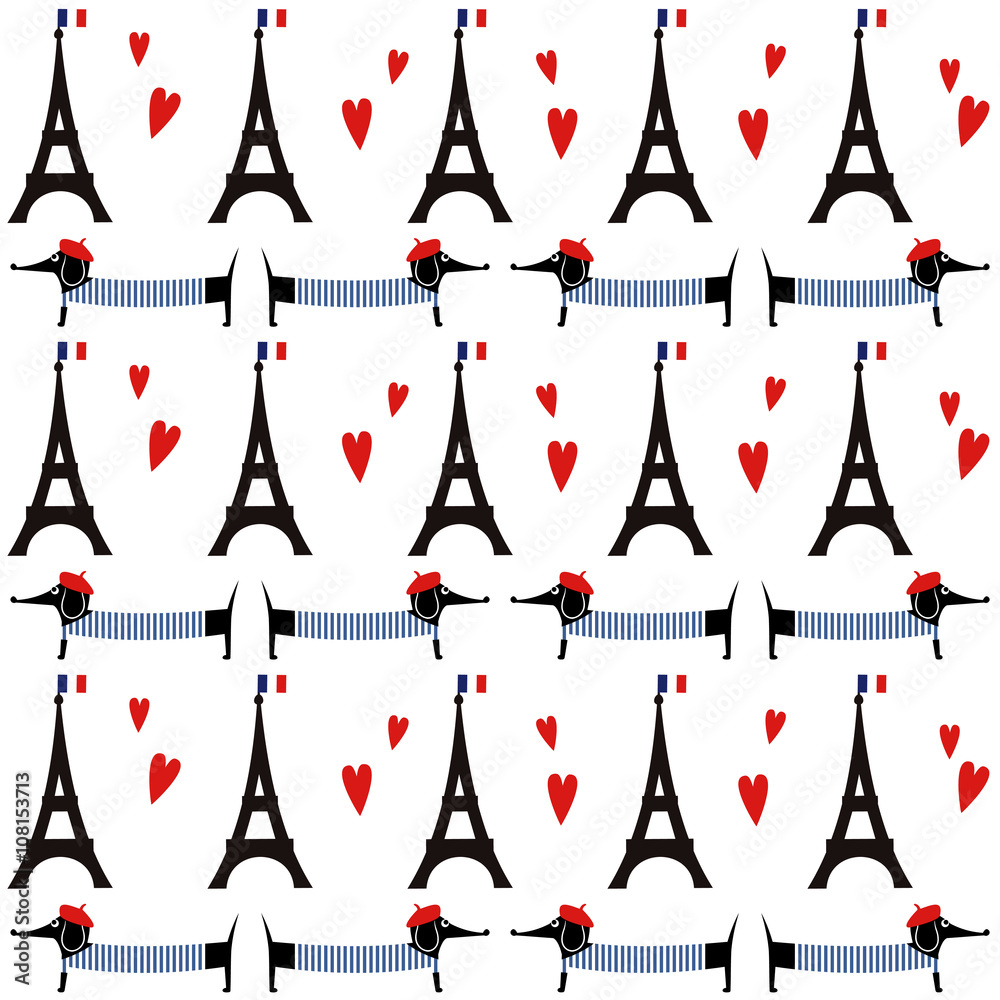 French style dogs with tour Eiffel seamless pattern. Cute cartoon parisian dachshund with Paris symbol illustration. French style dressed dog with red beret and striped frock. Romantic walk in Paris. Stock Vector | French style dogs with tour Eiffel seamless pattern. Cute cartoon parisian dachshund with Paris symbol illustration. French style dressed dog with red beret and striped frock. Romantic walk in Paris. Stock Vector |