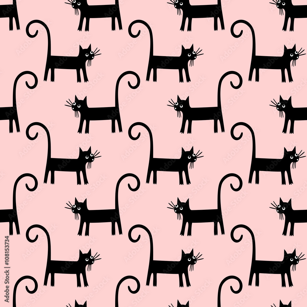 Black cat seamless pattern on pink background. Cute cartoon cat vector illustration. Child drawing style kitty background. Stock Vector | Adobe Stock Black cat seamless pattern on pink background. Cute cartoon cat vector illustration. Child drawing style kitty background. Stock Vector | Adobe Stock