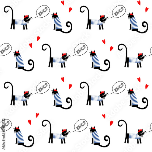 French style cats saying bonjour seamless pattern. Cute cartoon parisian kitty vector illustration. French style dressed cat with red beret and striped frock.