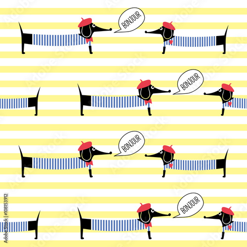 French style dogs saying bonjour seamless pattern on striped background. Cute cartoon parisian dachshund vector illustration. French style dressed dog with red beret and striped frock.